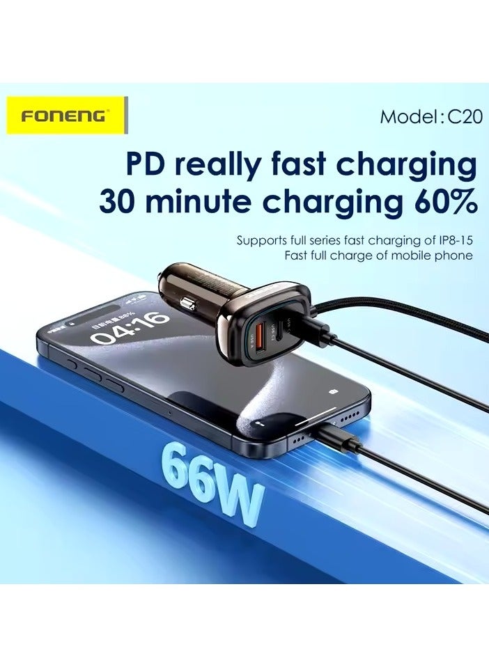 FONENG C20 66W Fast Car Charger, PD Quick Charge, 3 Ports with 1M USB-C to USB-C Cable - Image 2