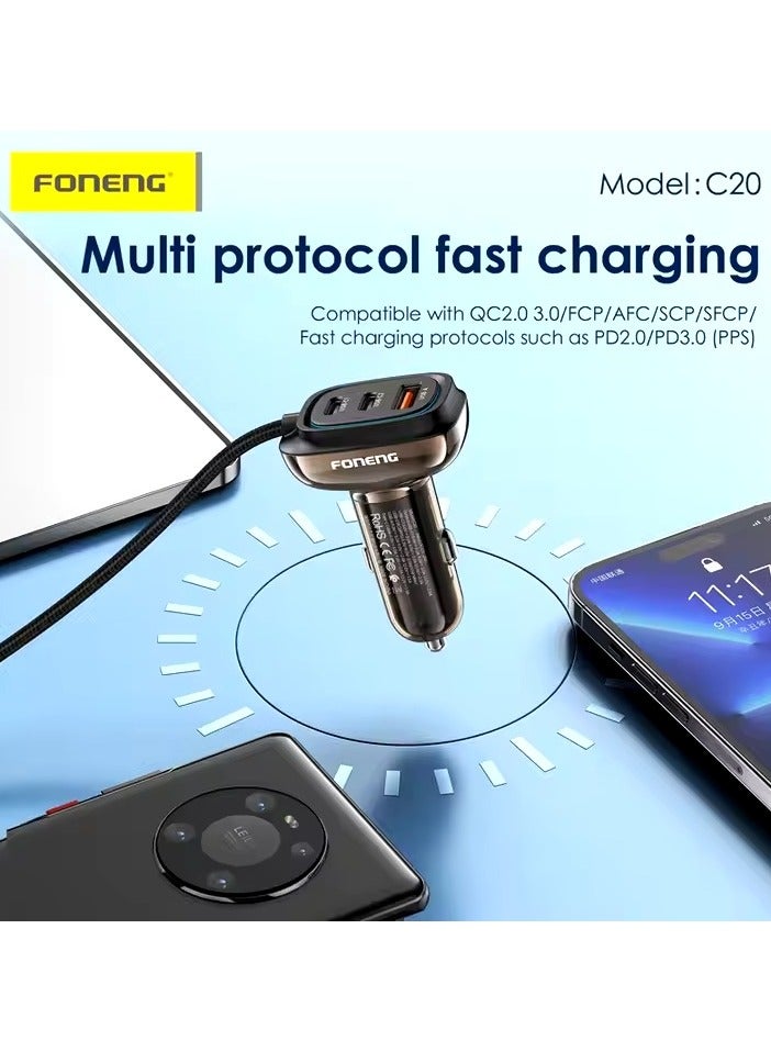 FONENG C20 66W Fast Car Charger, PD Quick Charge, 3 Ports with 1M USB-C to USB-C Cable - Image 3