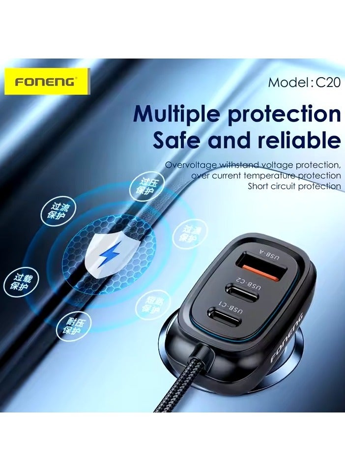 FONENG C20 66W Fast Car Charger, PD Quick Charge, 3 Ports with 1M USB-C to USB-C Cable - Image 4