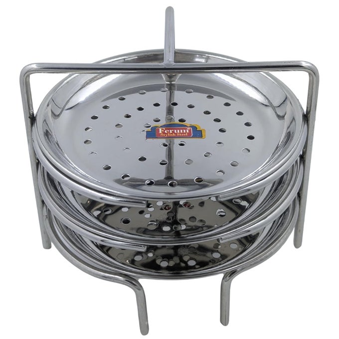 IDIYAPPAM STAND 3 PLATES SMALL SIZE 6X3 STAINLESS STEEL STEAMER FOR IDIYAPPAM MOMOS VEGETABLES FITS 5LITRE COOKERS AND ABOVE EASYTOCLEAN SPACESAVING
