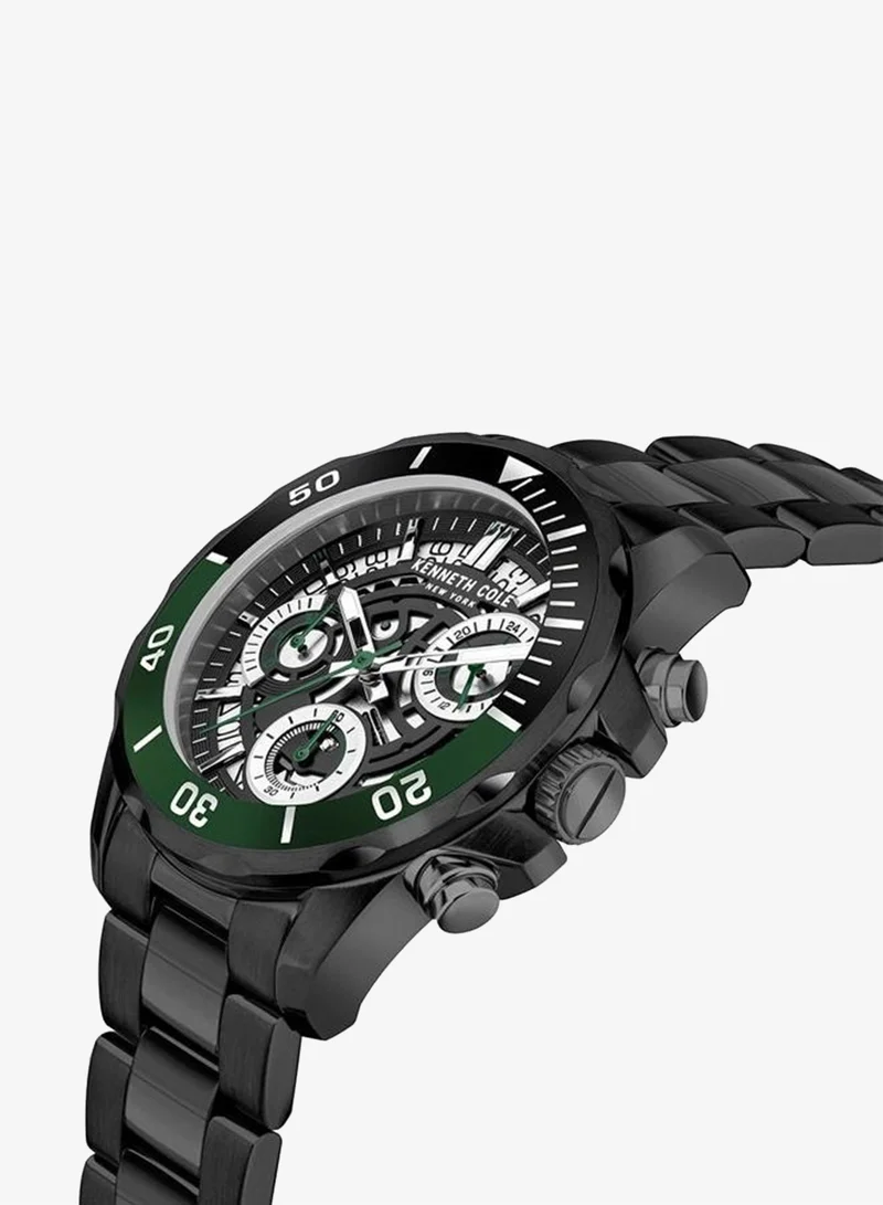Kenneth Cole New York Modern Sport Black Dial with Green Accents Black Stainless Steel Chronograph Watch for Men 43mm