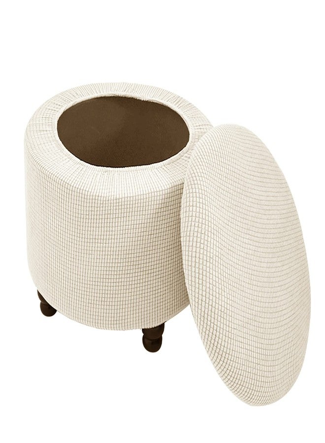 Andreannie Stretch Beige Jacquard Fabric Ottoman Slipcover Floding Storage Foot Stool Covers Soft Round Slipcover Removable Washable Furniture Protector for Home Decor (Beige) - Image 1