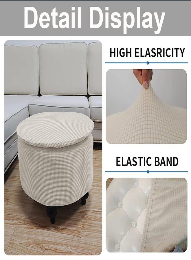 Andreannie Stretch Beige Jacquard Fabric Ottoman Slipcover Floding Storage Foot Stool Covers Soft Round Slipcover Removable Washable Furniture Protector for Home Decor (Beige) - Image 5
