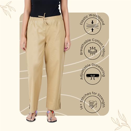 Happy Bunny Parallel Pants for Women 100% Cotton Ankle Length Trousers Regular Fit with Elastic Drawstring Stylish & Pockets Casual Formal Wear for Office & Home (LG, Sand Khaki) - Image 2