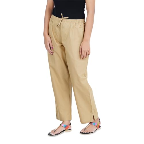 Happy Bunny Parallel Pants for Women 100% Cotton Ankle Length Trousers Regular Fit with Elastic Drawstring Stylish & Pockets Casual Formal Wear for Office & Home (LG, Sand Khaki) - Image 1