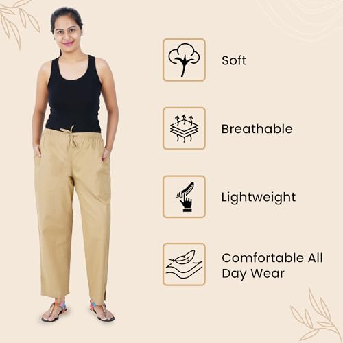 Happy Bunny Parallel Pants for Women 100% Cotton Ankle Length Trousers Regular Fit with Elastic Drawstring Stylish & Pockets Casual Formal Wear for Office & Home (LG, Sand Khaki) - Image 4