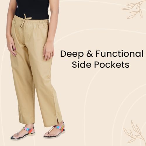 Happy Bunny Parallel Pants for Women 100% Cotton Ankle Length Trousers Regular Fit with Elastic Drawstring Stylish & Pockets Casual Formal Wear for Office & Home (LG, Sand Khaki) - Image 3