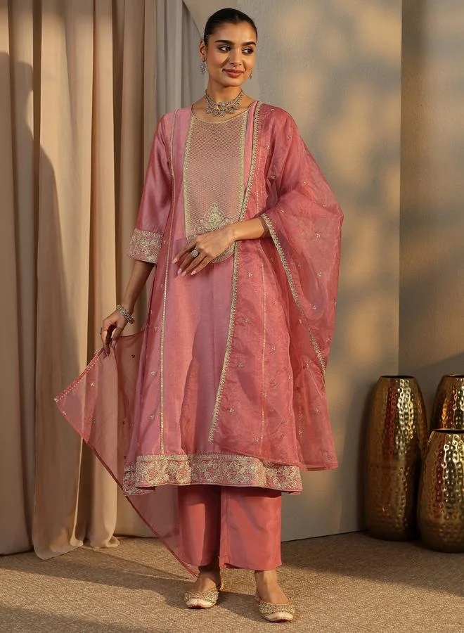 Libas Ethnic Motif EmbroidePanelled Kurta, Trouser and Dupatta Set