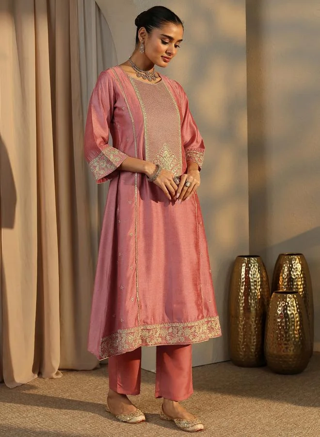 Libas Ethnic Motif EmbroidePanelled Kurta, Trouser and Dupatta Set