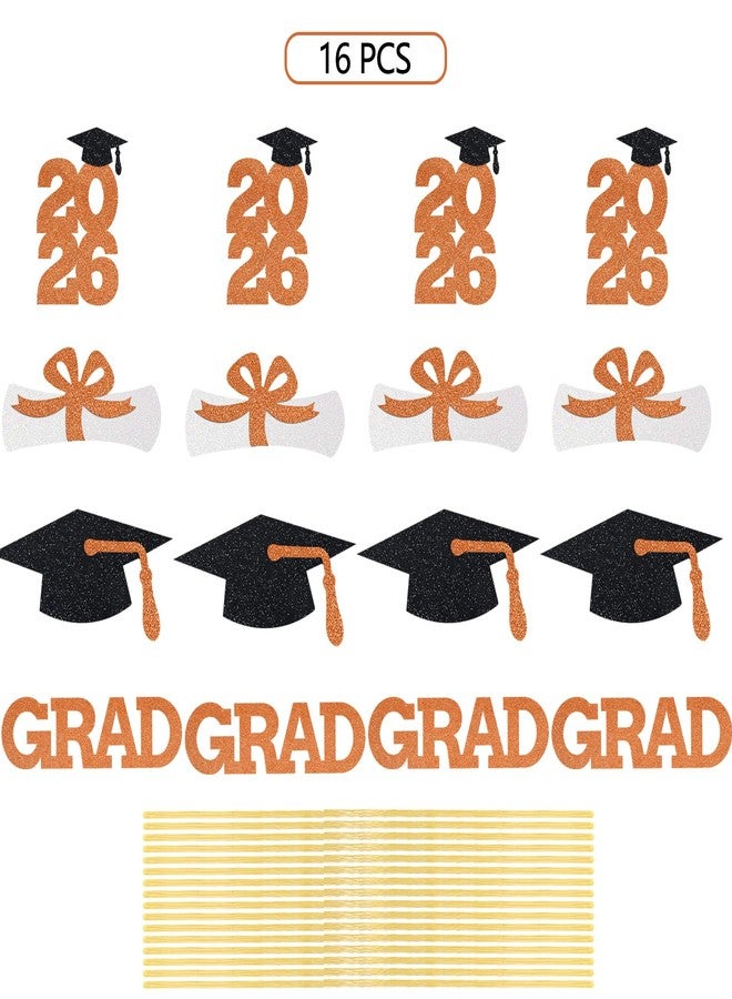 Matt Time Orange Glitter Graduation Centerpiece Class of Table Signs Grad Sticks Diploma Cap Party Decoration Favors 16 Pieces - Image 3