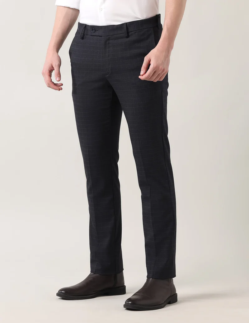 Arrow Dark blue Regular Fit Checked Trousers for Men | Best Price UAE
