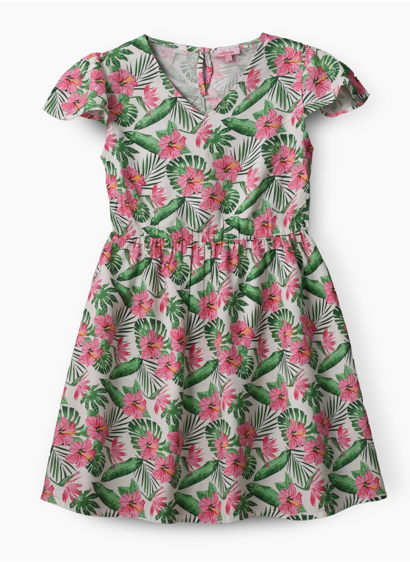 Jelliene Girls Woven Viscose Tropical Floral Dress  - Image 1