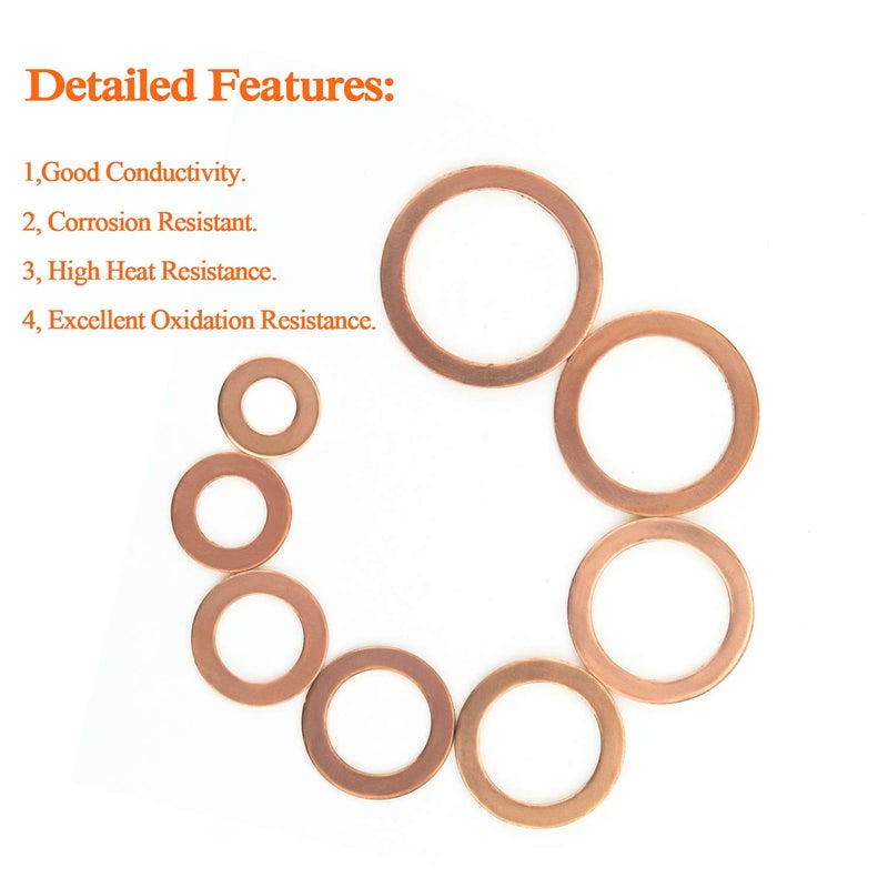 HELIFOUNER Copper Washers, 150PCS 8 Sizes Copper Metric Sealing Washers Flat Washers Assortment Kit - Image 5