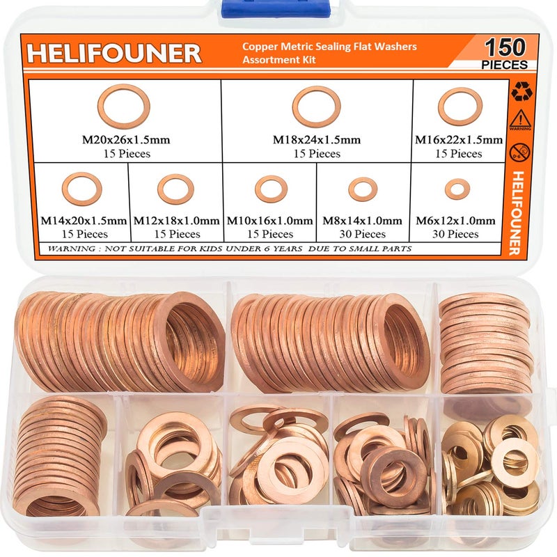 HELIFOUNER Copper Washers, 150PCS 8 Sizes Copper Metric Sealing Washers Flat Washers Assortment Kit - Image 1