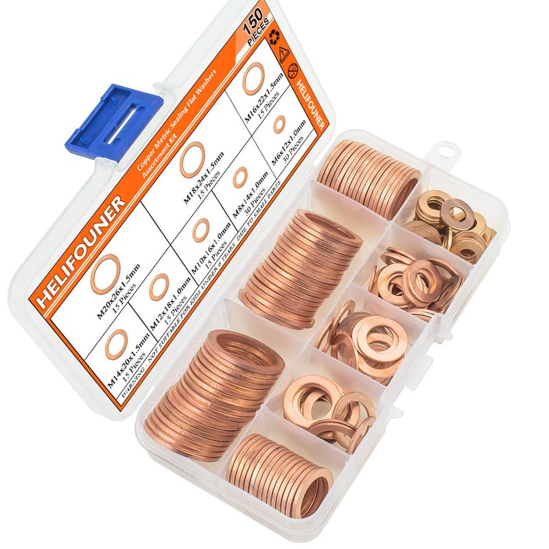 HELIFOUNER Copper Washers, 150PCS 8 Sizes Copper Metric Sealing Washers Flat Washers Assortment Kit - Image 2