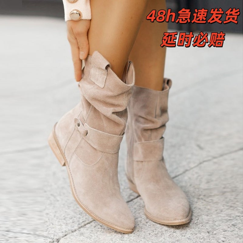 Spring Festival Is Not Closed For Business, With Large Quantities Of Stock Available For The Seasons, Low-Heeled Square Heels, Sizes 40-43, Large Size Suede Pleated Low-Cut Boots - Image 2