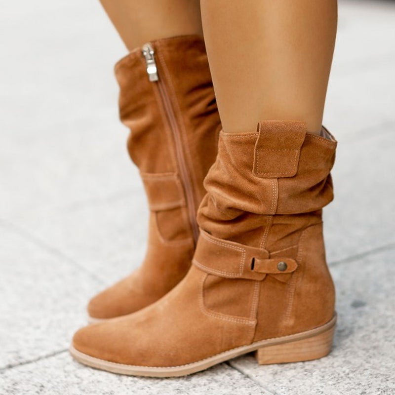 Spring Festival Is Not Closed For Business, With Large Quantities Of Stock Available For The Seasons, Low-Heeled Square Heels, Sizes 40-43, Large Size Suede Pleated Low-Cut Boots - Image 4