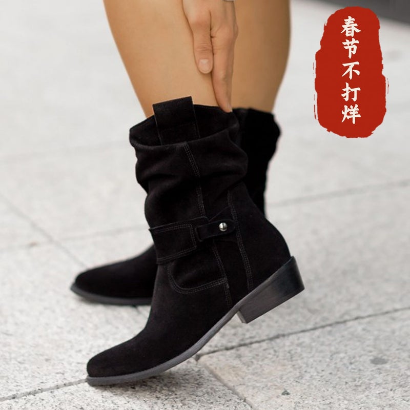 Spring Festival Is Not Closed For Business, With Large Quantities Of Stock Available For The Seasons, Low-Heeled Square Heels, Sizes 40-43, Large Size Suede Pleated Low-Cut Boots - Image 3
