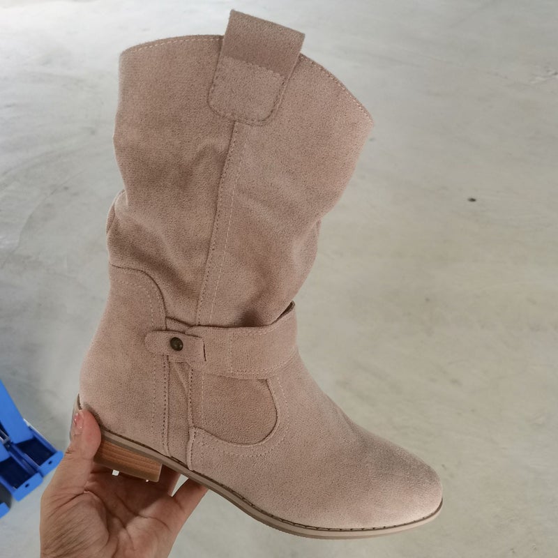 Spring Festival Is Not Closed For Business, With Large Quantities Of Stock Available For The Seasons, Low-Heeled Square Heels, Sizes 40-43, Large Size Suede Pleated Low-Cut Boots - Image 1