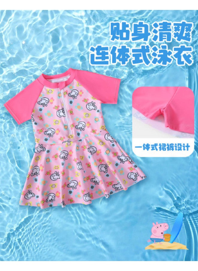 Peppa Pig summer Thin Girls' One-piece Swimsuit Dress With Full-print Floral Design And Built-in Skirt Shorts For Infants - Image 1