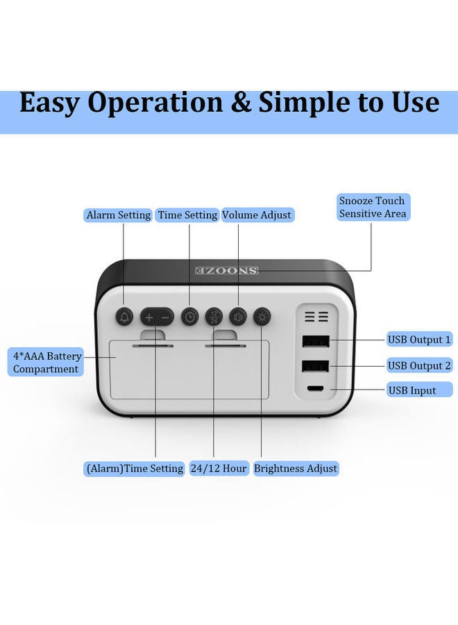 NIBEMINENT Snooze Function Fast Charge Full Screen Alarm Clock White 14.00 x 4.40 9.50cm - Image 3