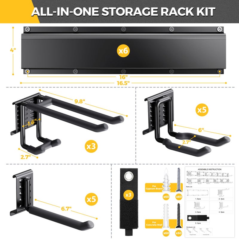 LBT 99" Garage Tool Organizer Wall Mount - 1000lbs Garden Tool Organizer with Adjustable Hooks, Heavy Duty Metal Garage Storage Rack, Anti-Rust Shed Rack Holder Hanging Rake Broom Mower Snowboard - Image 5