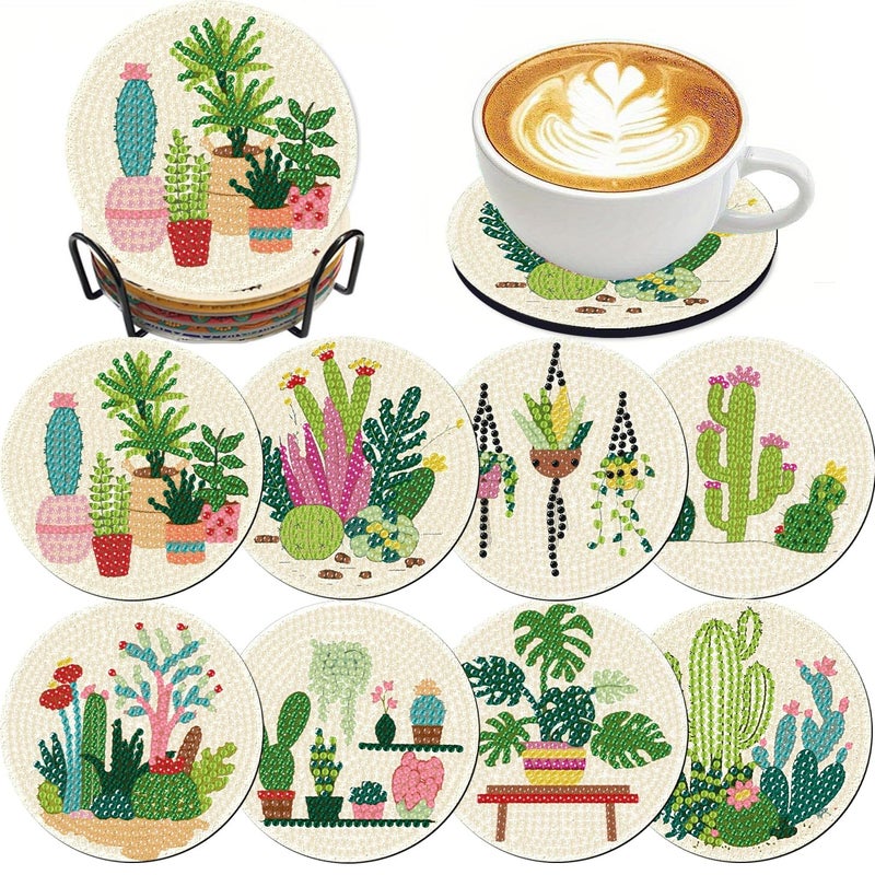 Clendo 8 Pcs Diamond Art Kits for Adults Coasters - DIY 5D Flowers Diamond Painting Coasters with Holder, Small Diamond Art Kits for Adult Art Craft Supplies - Image 1
