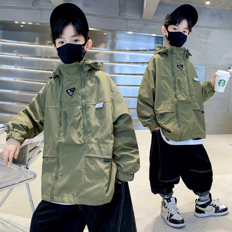 Children'S Spring Windbreaker Jacket Hooded Easiest For Match 2024 Spring New Medium And Big Boys Jacket Solid Color Trendy Style - Image 1