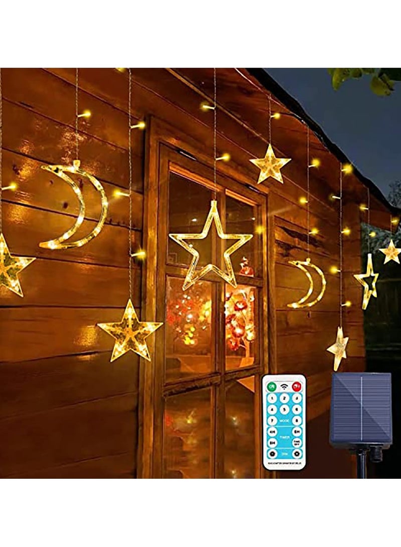 تابيت أضواء رمضان الشمسية لتزيين رمضان، ستارة خيطية مرصعة بالنجوم وأقمار ونجوم، أضواء رمضانية ليلية خرافية بطول 3.5 متر مع جهاز تحكم عن بعد لعيد الميلاد ورمضان والحفلات وديكور المنزل (القمر والنجوم)  - Image 1