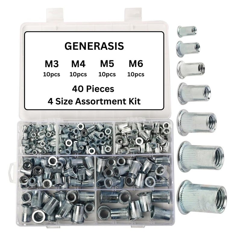 GENERASIS - Metric Rivet Nut Kit - Zinc Plated, Flat Head, Knurled Body, Rivet Nut DIY Project Threaded Insert (Metric Rivet Mini Assortment Kit, 40 Pieces 4 Sizes) - Image 1