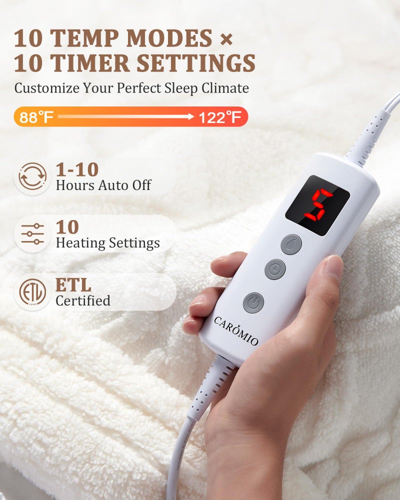 CAROMIO Heated Throw Blanket - Thick Tufted Sherpa Electric Blanket Throw with 10 Heating Levels and 10 Time Settings, ETL Certified Machine Washable Fast Heating Blanket Throw 50"Ã—60", Off White - Image 3