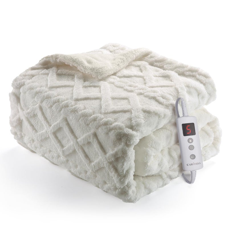 CAROMIO Heated Throw Blanket - Thick Tufted Sherpa Electric Blanket Throw with 10 Heating Levels and 10 Time Settings, ETL Certified Machine Washable Fast Heating Blanket Throw 50"Ã—60", Off White - Image 1