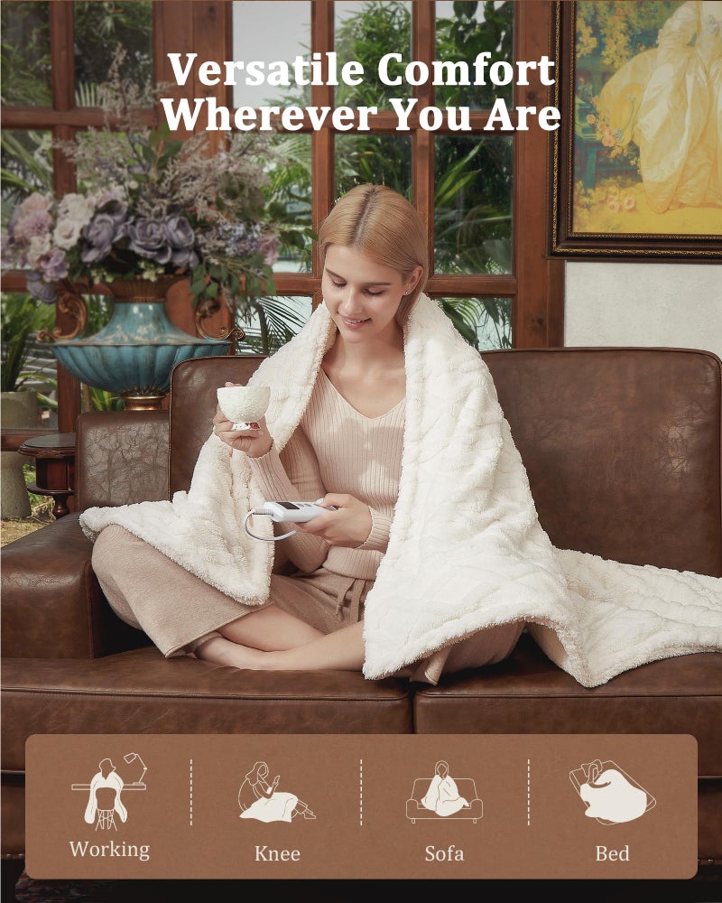 CAROMIO Heated Throw Blanket - Thick Tufted Sherpa Electric Blanket Throw with 10 Heating Levels and 10 Time Settings, ETL Certified Machine Washable Fast Heating Blanket Throw 50"Ã—60", Off White - Image 2