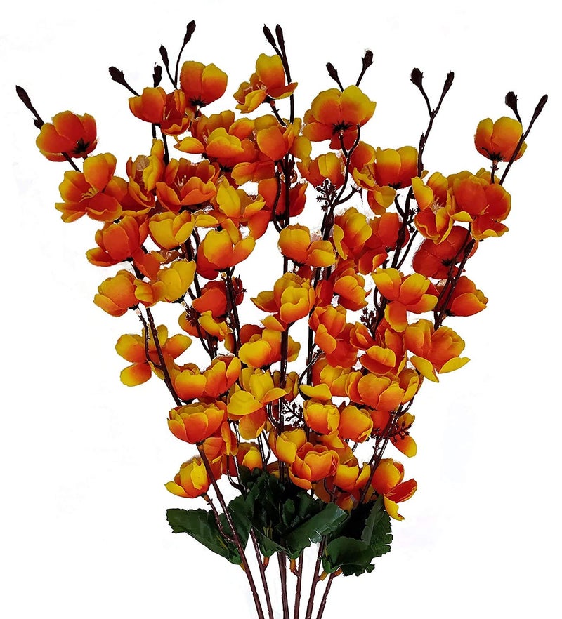 Everbuy Plastic Artificial Flowers For Home Decoration Cherry Blossom (7 Branches, Sunset Yellow) - Image 1