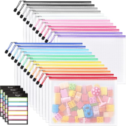 Sooez 24 Pack Mesh Zipper Pouch with Sticky Labels, A4 Mesh Bags for Board Game Puzzles Organization Storage, Durable Letter Size File Folders Organizer for Teacher School Classroom Office Supplies - Image 1