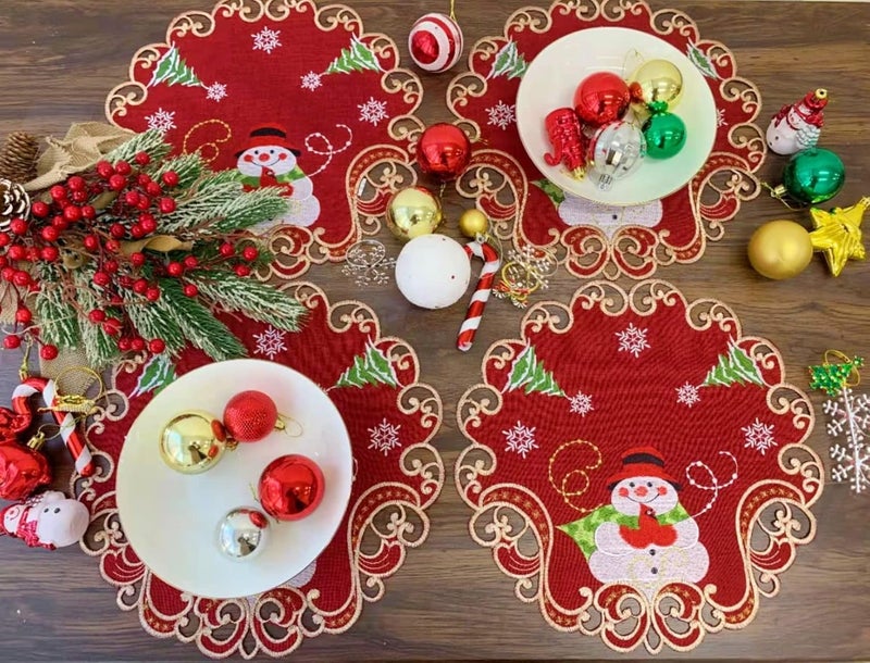 GRANDDECO GRANDDECO Christmas Holiday 14 Placemats Set of 4 Embroidered Snowman Pattern Festive Winter Dresser Scarf Table Topper for Family Xmas Home Kitchen Dinner Party 14 Placemats Set of 4 Red  - Image 4