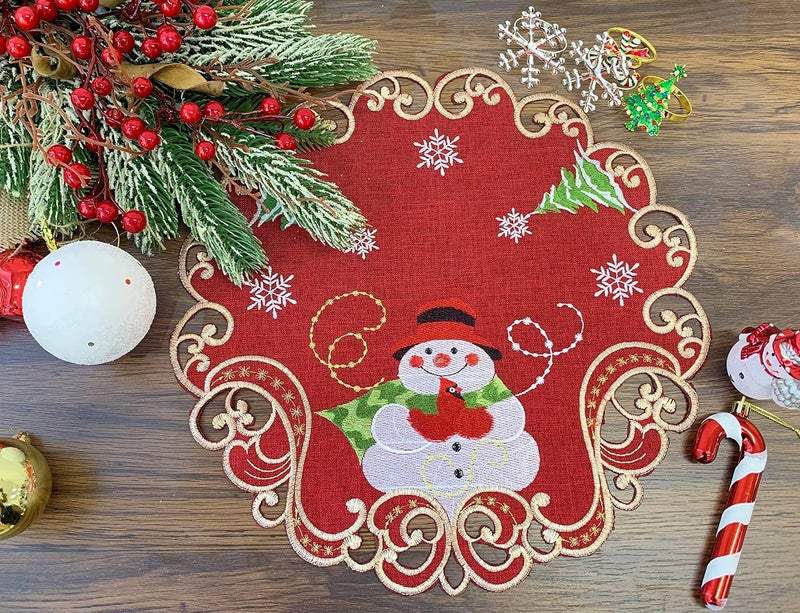 GRANDDECO GRANDDECO Christmas Holiday 14 Placemats Set of 4 Embroidered Snowman Pattern Festive Winter Dresser Scarf Table Topper for Family Xmas Home Kitchen Dinner Party 14 Placemats Set of 4 Red  - Image 2