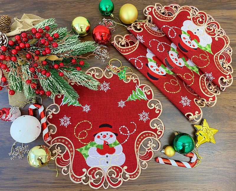 GRANDDECO GRANDDECO Christmas Holiday 14 Placemats Set of 4 Embroidered Snowman Pattern Festive Winter Dresser Scarf Table Topper for Family Xmas Home Kitchen Dinner Party 14 Placemats Set of 4 Red  - Image 1