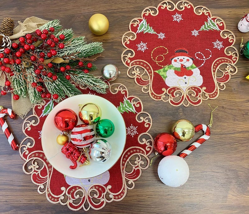 GRANDDECO GRANDDECO Christmas Holiday 14 Placemats Set of 4 Embroidered Snowman Pattern Festive Winter Dresser Scarf Table Topper for Family Xmas Home Kitchen Dinner Party 14 Placemats Set of 4 Red  - Image 3