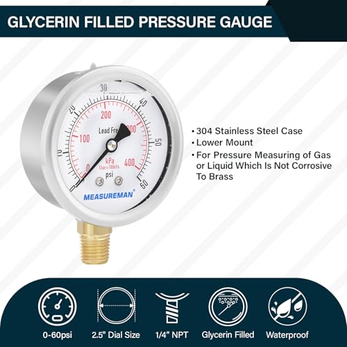 MEASUREMAN Lead-Free Pressure Gauge, 2-1/2inch Dial, Glycerin Filled, 0-60psi/kpa, Stainless Steel Case, 1/4inchNPT Lower Mount - Image 2