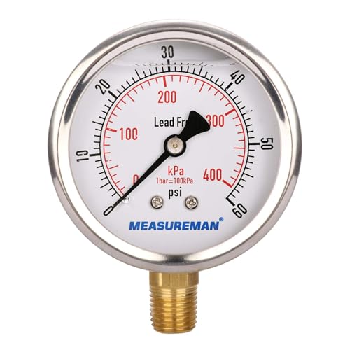 MEASUREMAN Lead-Free Pressure Gauge, 2-1/2inch Dial, Glycerin Filled, 0-60psi/kpa, Stainless Steel Case, 1/4inchNPT Lower Mount - Image 1
