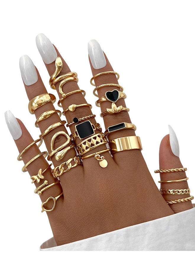 27pcs Summer Alloy Rings Set, Heart, Butterfly, Leaf, Thick Rings, Perfect for Women Daily Wear, Going Out, Party, Birthday Gift - Image 1