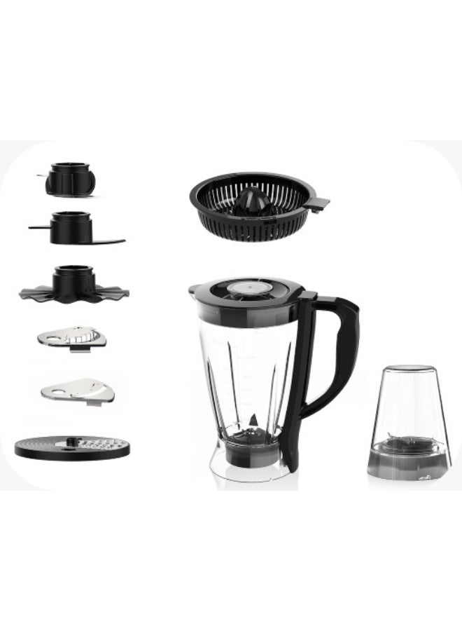 ميدياتيك الشيف هو محضر طعام متعدد الوظائف مع قوة تيربو، 1200 واط، وعاء بسعة 2.1 لتر، وخلاط بسعة 1.5 لتر لتحضير سريع وسهل. يأتي مع شفرة S، وأقراص للتقطيع والتقطيع المبشور والبشر، وطاحونة، وكوب عصارة حمضيات، وشفرة للعجن، وأقراص للخفق، وغطاء بأمان. - FP999 - Image 3