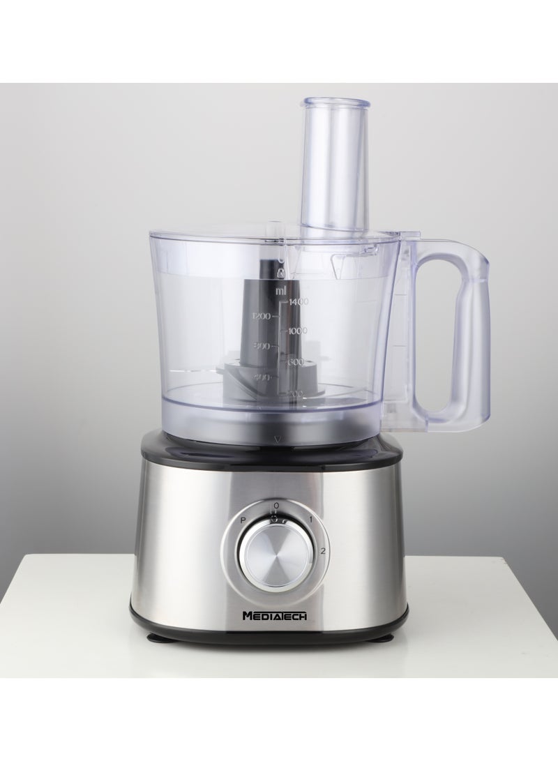 ميدياتيك الشيف هو محضر طعام متعدد الوظائف مع قوة تيربو، 1200 واط، وعاء بسعة 2.1 لتر، وخلاط بسعة 1.5 لتر لتحضير سريع وسهل. يأتي مع شفرة S، وأقراص للتقطيع والتقطيع المبشور والبشر، وطاحونة، وكوب عصارة حمضيات، وشفرة للعجن، وأقراص للخفق، وغطاء بأمان. - FP999 - Image 2