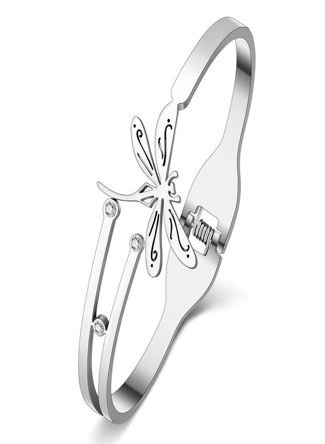 NEWEI Dragonfly Gifts for Women Cute Dragonfly Bracelet Bangle Stainless Steel Dragonfly Jewelry Decor Charms for Dragon Fly Lovers (Silver Plated C) - Image 1