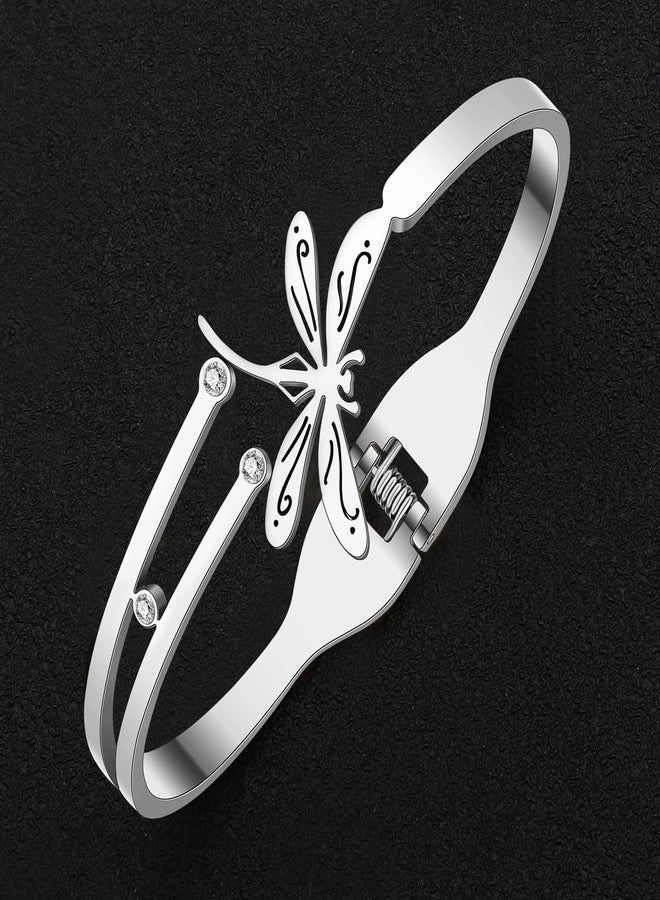 NEWEI Dragonfly Gifts for Women Cute Dragonfly Bracelet Bangle Stainless Steel Dragonfly Jewelry Decor Charms for Dragon Fly Lovers (Silver Plated C) - Image 3