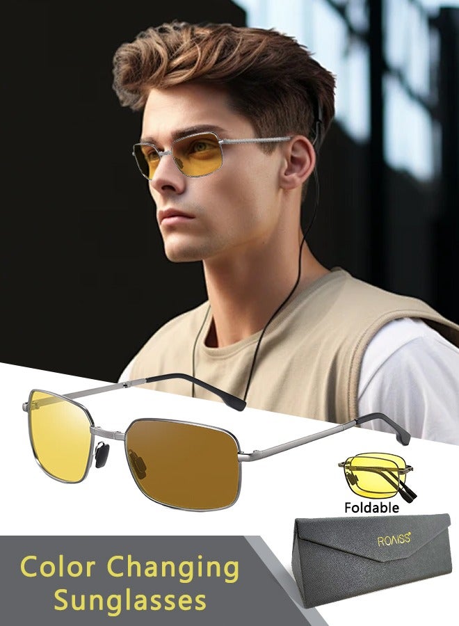 roaiss Men's Polarized Rectangular Sunglasses UV400 Protection Sun Glasses with Metal Frame Color Changing Night Driving Glasses for Men Golfing Fishing Traveling 61mm  - Image 1