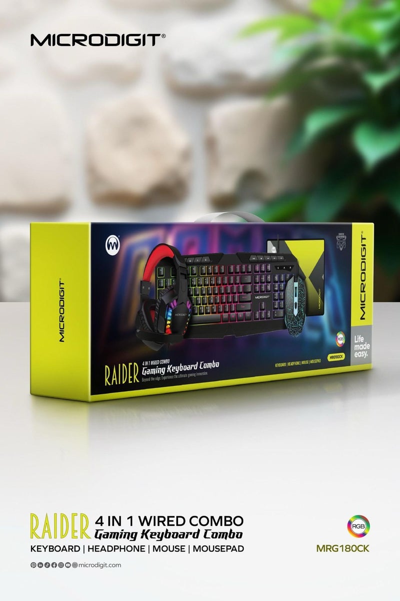 ميكرو ديجيت مجموعة ألعاب رايدر4 في 1 تتضمن لوحة مفاتيح ألعاب مضيئة وماوس ألعاب مع سماعة ألعاب سلكية مع صوت محيطي وميكروفون واضح ولوحة ماوس ناعمة وقوية - Image 5