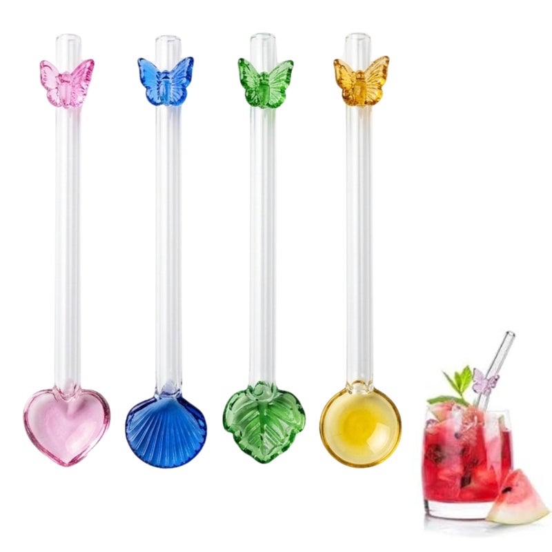 Two-in-one reusable glass straws and spoons decorated with cute charms, clear drinking straws for juices, coffee, milk and cocktails, set of 4 curved straws (colorful butterfly) 12cm - Image 5