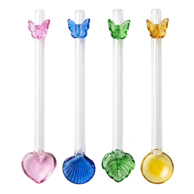 Two-in-one reusable glass straws and spoons decorated with cute charms, clear drinking straws for juices, coffee, milk and cocktails, set of 4 curved straws (colorful butterfly) 12cm - Image 4